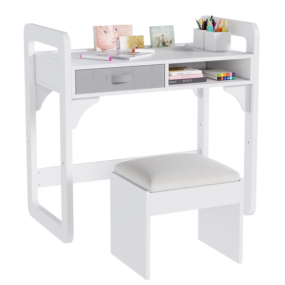 Kids Desk and Chair Set with Adjustable Height - Wooden Study Table with Storage Shelf & Stool, for Children Ages 3-8, Ideal for Homework, Drawing, and Reading– White