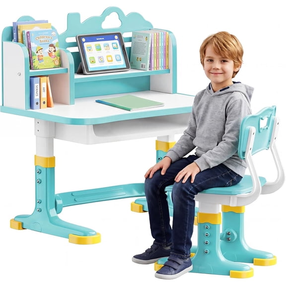 Kids Desk and Chair Set for Ages 3–12, Height Adjustable Study Desk with Storage Drawer & Castle Backboard, Ergonomic Kids Writing Table with Widened Desktop for Boys Girls (Teal)