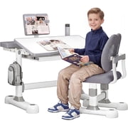 Kids Desk and Chair Set Gray, Height Adjustable Study Desk with 0-50&deg; Tiltable Desktop, Ergonomic Chair, Storage Drawer, Book Stand for Kids Ages 3-12