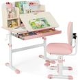 thumbnail image 1 of Kids Desk and Chair Set, Height Adjustable Children School Study Table and Chair Set w/Tilt Desktop, Storage Drawer Hutch, Pen Holder, Student Writing Table, Desk for Girls (Pink), 1 of 8