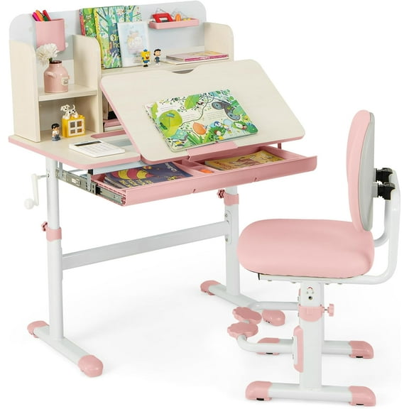 Kids Desk and Chair Set, Height Adjustable Children School Study Table and Chair Set w/Tilt Desktop, Storage Drawer Hutch, Pen Holder, Student Writing Table, Desk for Girls (Pink)