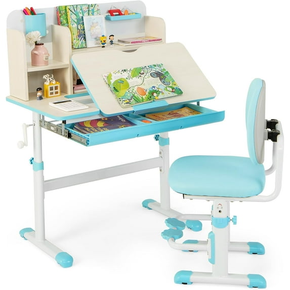 Kids Desk and Chair Set, Height Adjustable Children School Study Table and Chair Set w/Tilt Desktop, Storage Drawer Hutch, Pen Holder, Student Writing Table, Desk for Kids Boys Girls (Blue)