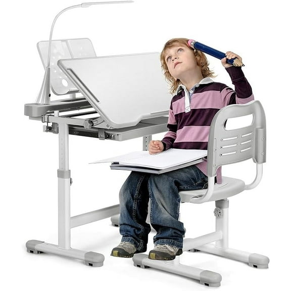 Kids Desk and Chair Set Height Adjustable School Study Desk and Chair with 55° Tiltable Desktop, 3 Modes&3 Brightness LED Lamps, Storage Drawer and Metal Hook for Boys Girls, Grey