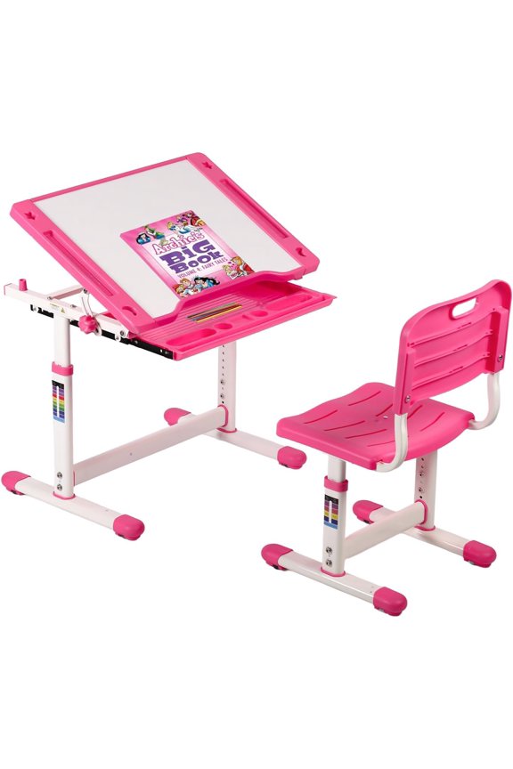 Kids Desk and Chair Set,Height Adjustable Study Desk for Kids with Pull Out Drawer Storage,Multi-Function Study Desk and Chair for Writing, Reading and Drawing (Pink)