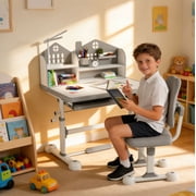Kids Desk and Chair Set KD-002, Height Adjustable Tiltable Study Table with LED Light & Storage Drawer, Ergonomic Children Desk for Bedroom Homework and Playroom, for Ages 3-12, Gray