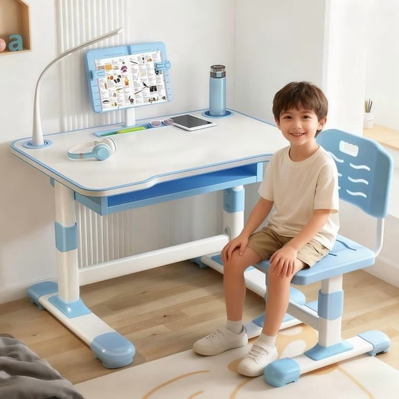 Kids Desk and Chair Set with LED Lamp, Adjustable Height Ergonomic Study Table with Tiltable Book Stand & Large Storage Drawer, Children's Desk for Ages 3-18 ( Chair, Lamp, Tools Included ) (Blue #4)