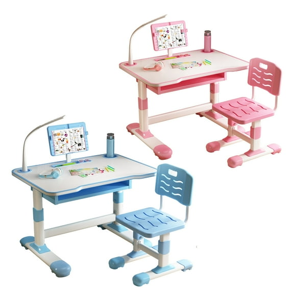 Kids Desk and Chair Set with LED Light, Height Adjustable Desk Chair for Kids 8-12, Ergonomic Study Desk for Kids with Drawer and Tiltable Reading Stand(Pink)