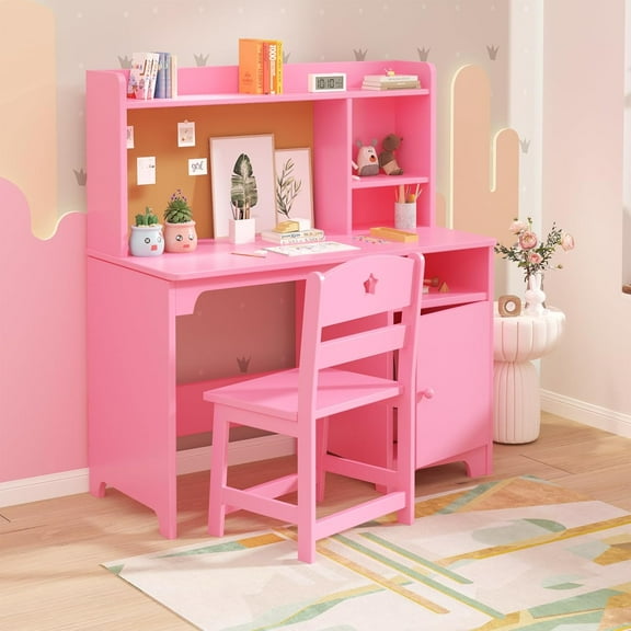 Kids Desk & Chair Set, Storage Cabinet, Wooden Children Student Writing Table with Chair, Computer Workstation for Kids Bedroom & Study Room, Pink