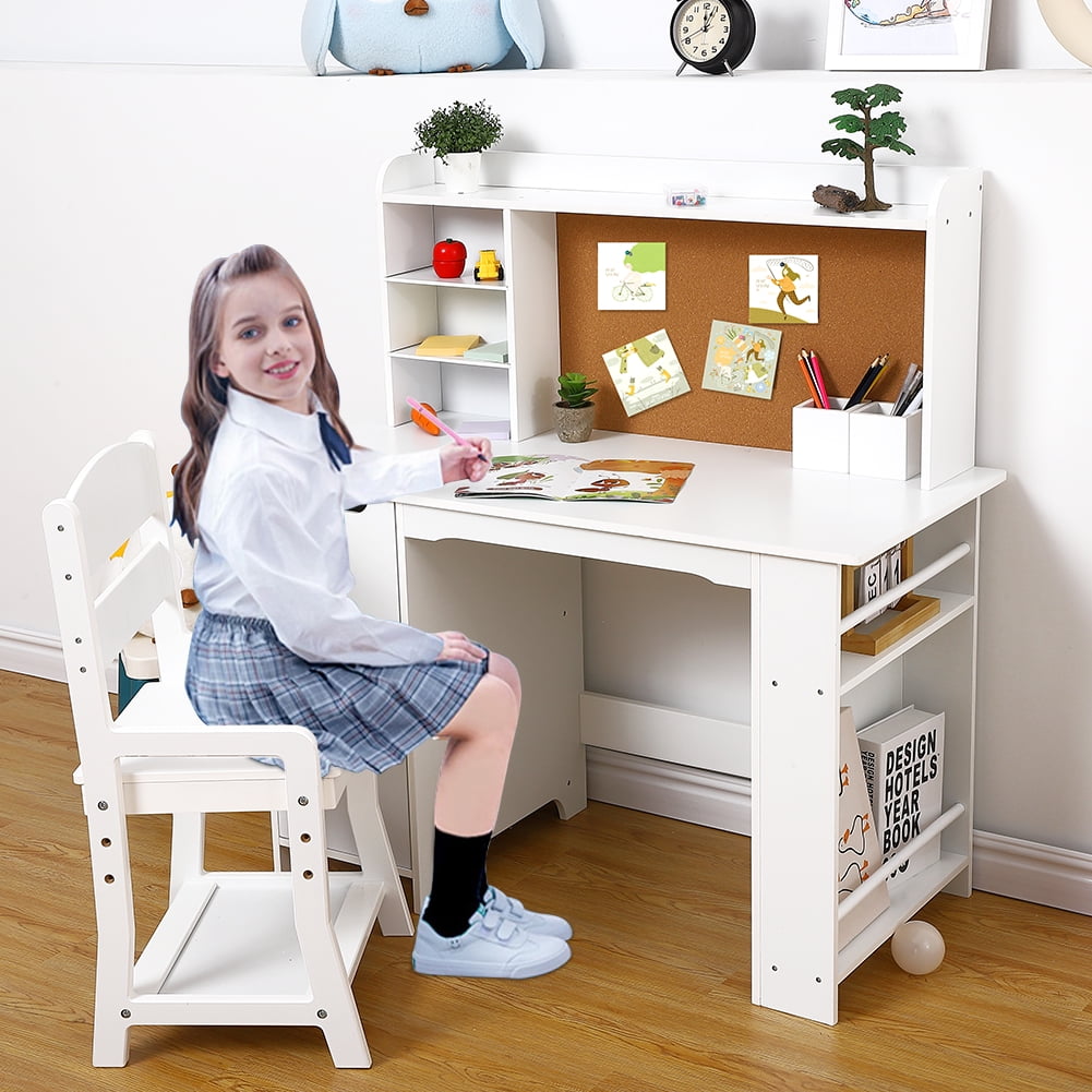 Kids Desk and Chair Set Student Writing Desk with Storage Children Study Table with Bookshelf and Cabinets Study Desk Computer Workstation Ages 3