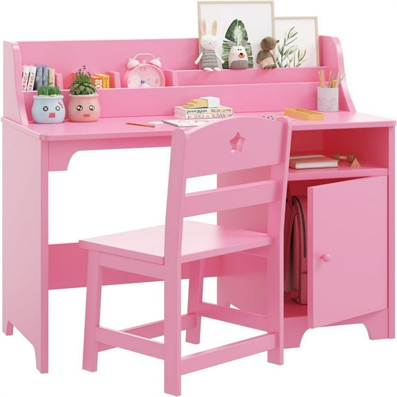 Kids Desk and Chair Set,Study Desk for Kids with Hutch, Storage Cabinet, Wooden Children Study Table, Student Writing Desk Computer Workstation for Kids Bedroom & Study Room