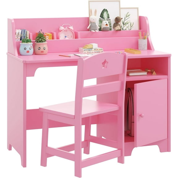 Kids Desk and Chair Set,Study Desk with Hutch, Storage Cabinet, Wooden Children Study Table-Writing Desk -Computer Workstation for Kids Bedroom & Study Room,Pink