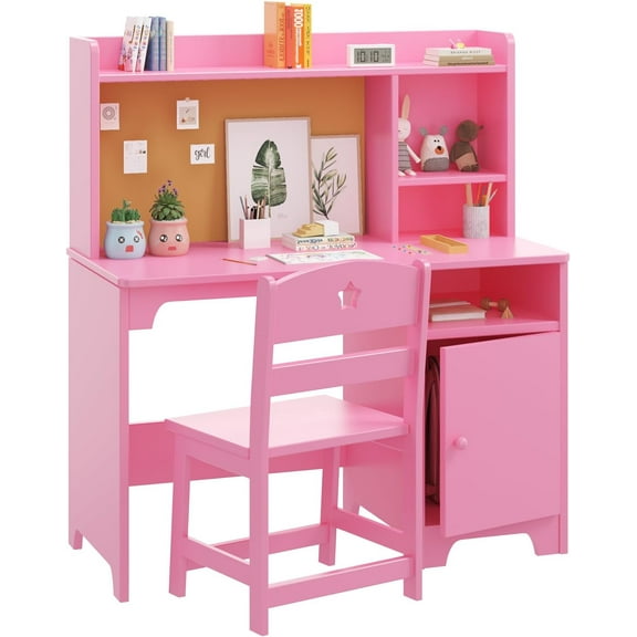 Kids Desk & Chair Set with Hutch, Storage Cabinet, Wooden Children Student Writing Table Computer Workstation for Kids Bedroom & Study Room