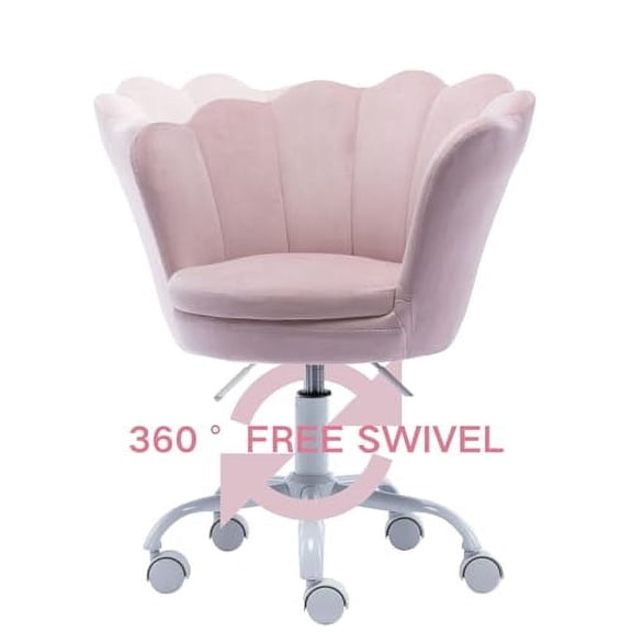 Kids Desk Chair with Wheels, Cute Petal Study Chair Computer Chair with Arms, Upholstered Task Chair Velvet Chair for Teen Girls, Swivel Kids Chair Rolling Chair for Bedroom, Vanity, Pink