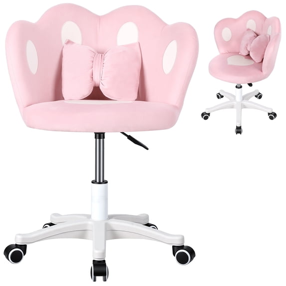 Kids Desk Chair with Bow Pillow, Adjustable Height 360-Degree Swivel Children's Computer Chair, Study Makeup Chair for Boys & Girls, Home Bedroom