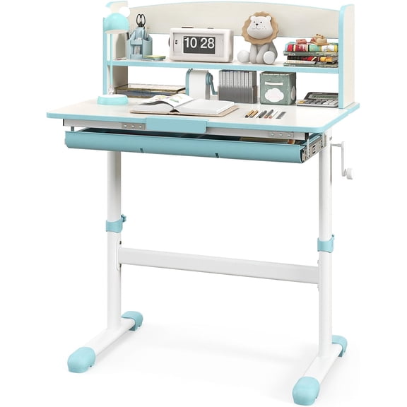 Kids Desk, Children School Study Desk w/ 7-Level Tiltable Desktop, Height Adjustable Table w/Bookshelf, Pull-Out Drawer & Pen Holder, Student Writing Workstation, Desk for Girls Boys