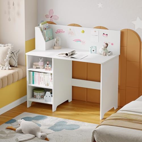 Kids Desk, Engineering Wooden Kids Study Desk with Hutch, School Study Table with Book Storage, Student Writing Table for 3-8 Years Girls Boys, White KDWT11801$$Home Decor, Kitchen, & Other