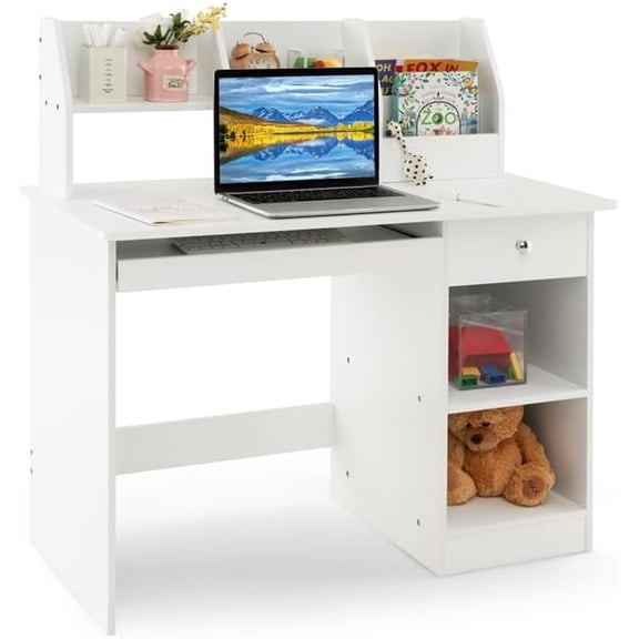 Kids Desk, Wooden Children Study Table with Hutch, Drawer, Storage Shelves & Keyboard Tray for Home School Writing, Drawing or Reading, White Computer Workstation Writing Table for Girls Boys