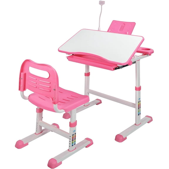 Kids Desk and Chair Set,Height Adjustable Child's Study Table with Tilt Desktop,LED Light,Cup Holder,Bookstand and Storage Drawer,Pink