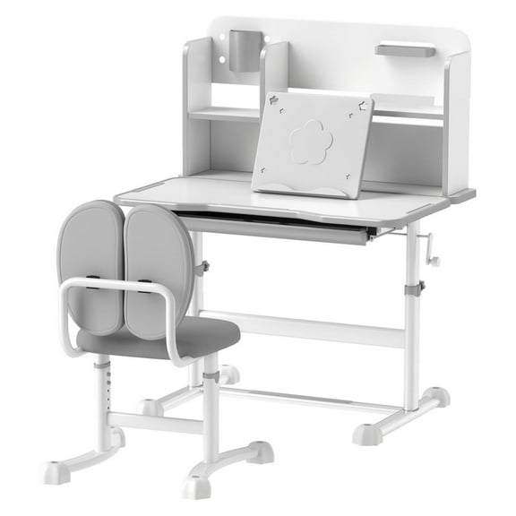 Kids Desk and Chair Set, Height Adjustable Student Desk with Tilt Top, Storage Drawer & Reading Rack, Ergonomic Gray