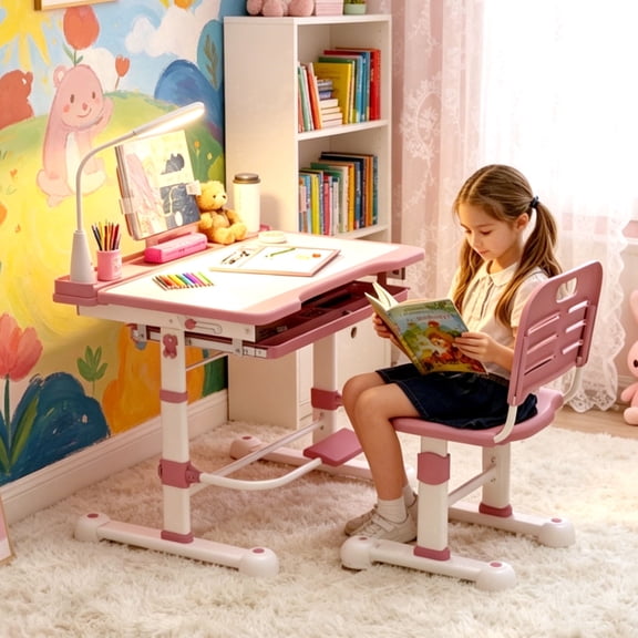 Kids Desk and Chair Set, Height Adjustable, Tilt Top, LED Light, Study Table with Drawer and Bookstand, for Ages 3-12, Pink