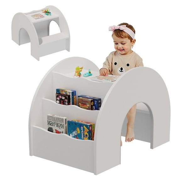 Kids Desk and Chair Set,Kids Desk with Storage Hutch,Wooden Arched Study Writing Table with Shelves for Kids Bedroom,White