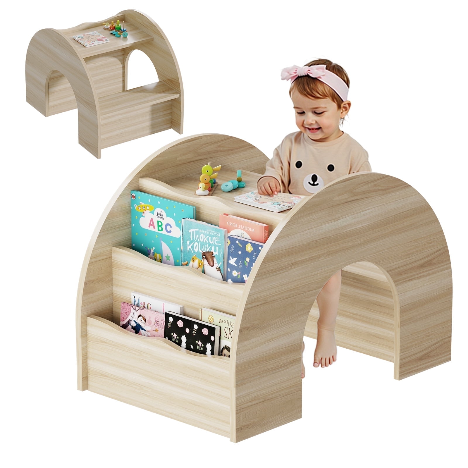 Kids Desk and Chair Set,Kids Desk with Storage Hutch,Wooden Arched Study Writing Table with Shelves for Kids Bedroom,Wood