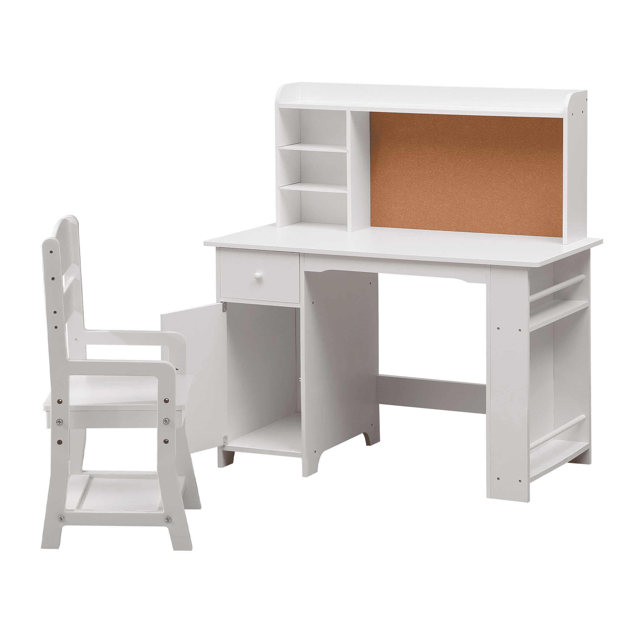 Kids Desk and Chair Set, Wooden Children Study Table with Storage Shelves, Cork Bulletin Board, Drawer and Cabinet, Pink, White