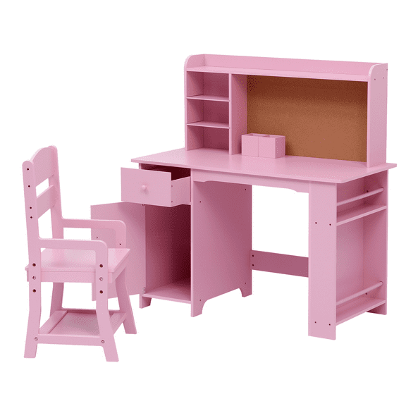 Kids Desk and Chair Set, Wooden Children Study Table with Storage Shelves, Cork Bulletin Board, Drawer and Cabinet, Pink, White