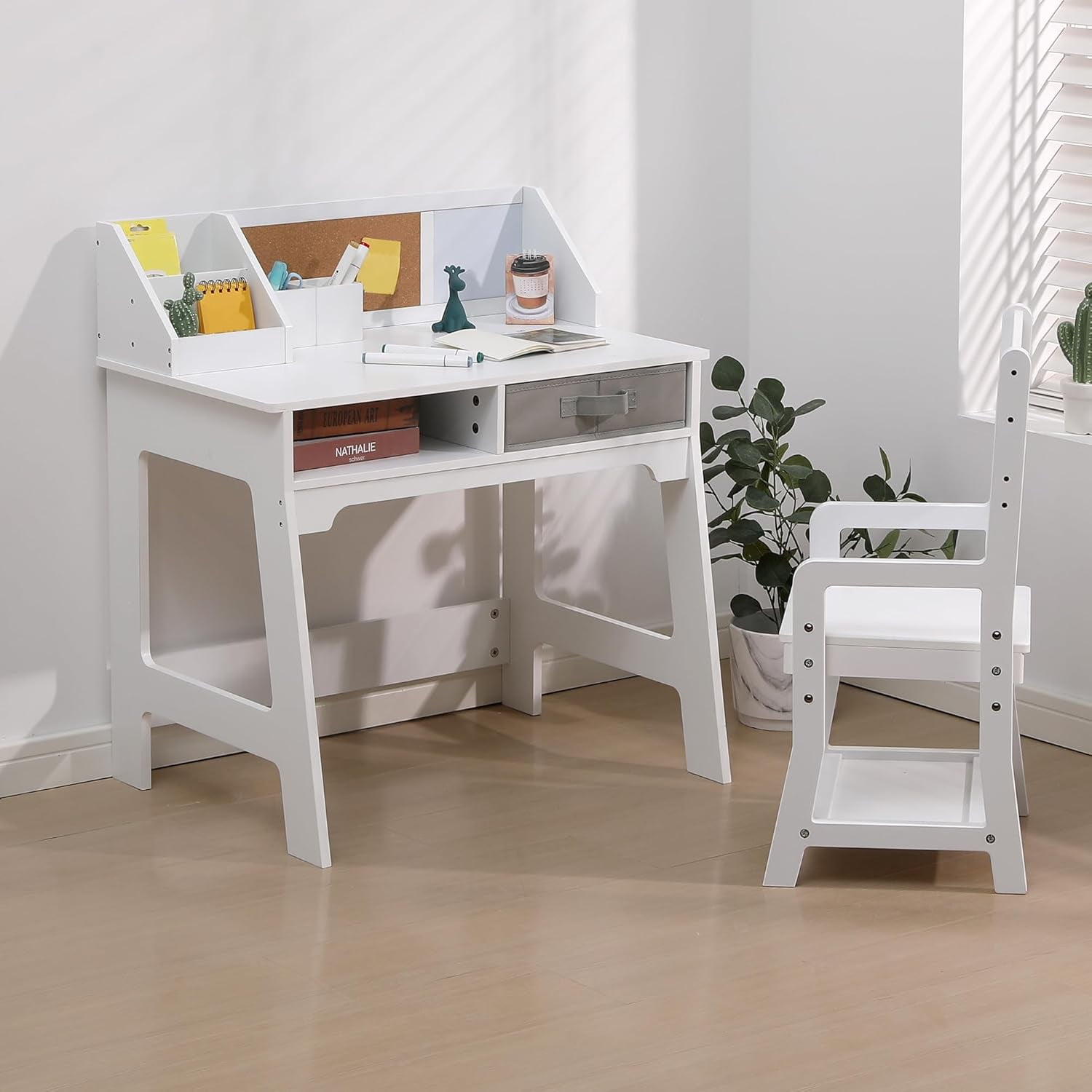 Joyspirit Kids Desk and Chair Set, Wooden Study Table with Storage Bins, Bookshelf, Bulletin Board, and Pen Holder, Writing Table for Boys and Girls