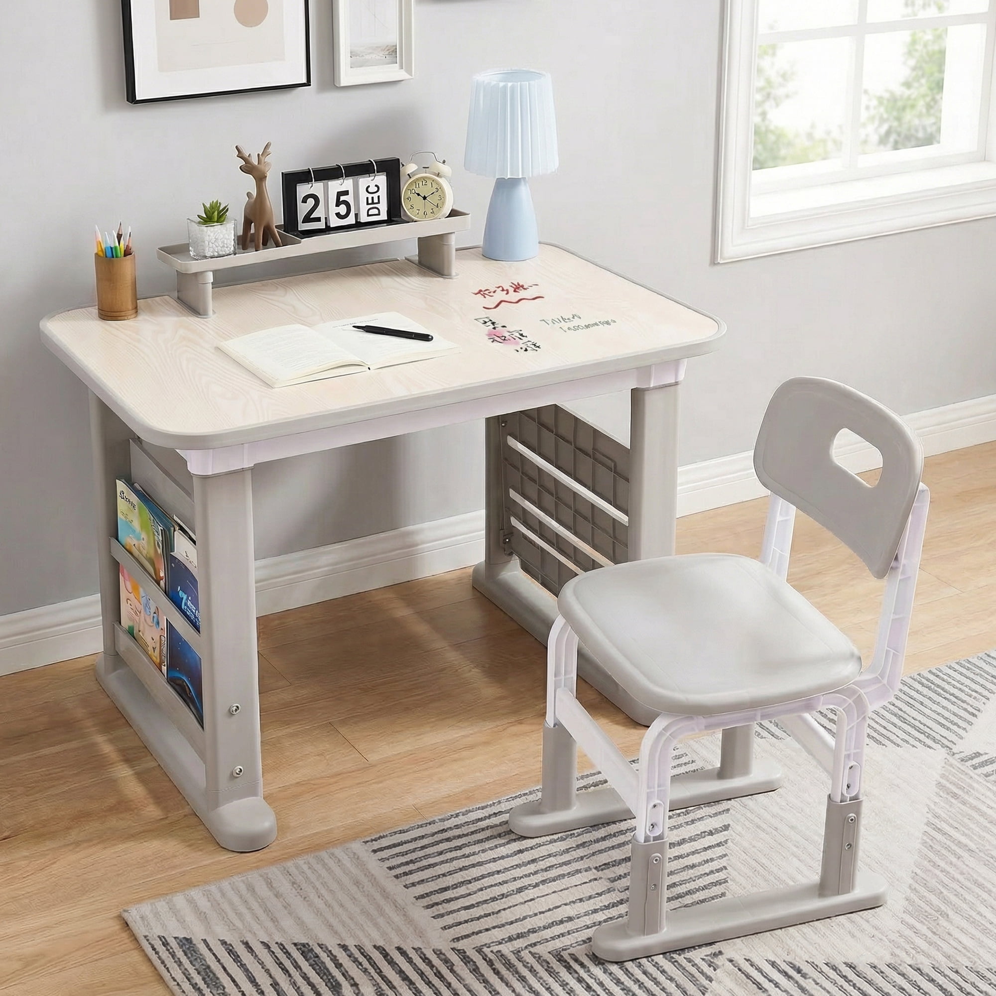 Kids Desk and Chair Set with Bookshelf & Storage, Height Adjustable, Multi-Activity Table for Study & Play, Ages 3-12