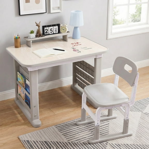 Kids Desk and Chair Set with Bookshelf & Storage, Height Adjustable, Multi-Activity Table for Study & Play, Ages 3-12