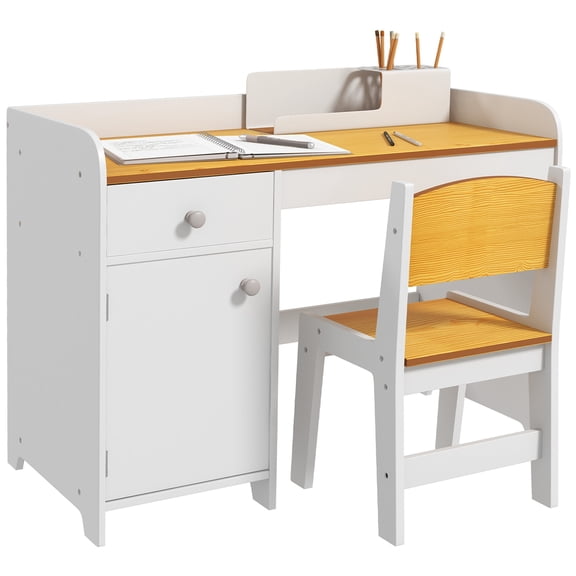 Kids Desk and Chair Set with Drawer, White MDF Study Desk for Children for Arts and Crafts, Homework, Snack Time, Space Saving Desk for Small Spaces