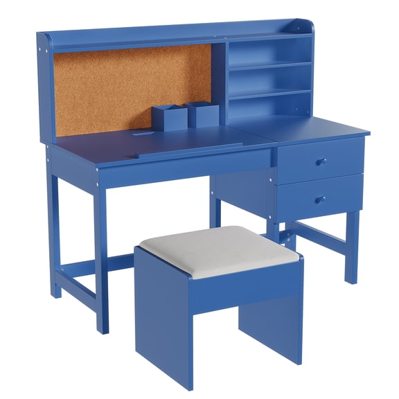 Kids Desk and Chair Set with Hutch & Tiltable Desktop, Complete Study Table with Storage Drawer, Cork Board, and Padded Stool for Children