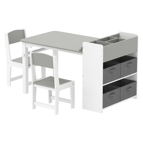 Kids Desk and Chair Set with Paper Roll, Activity Table with Storage - Gray