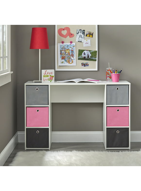 Kids Desk with Six Fabric Storage Bins, Multiple Colors