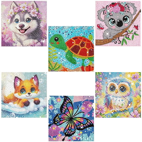 Kids Diamond Art Kits 6 Pack, 5D Round Full Drill Animal Gem Painting with Tools, 6x6 Inch Wall Decor
