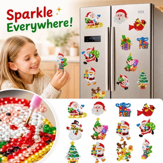 Kids Diamond Painting Fridge Magnets, Children DIY Diamond Art Kits with Soft Magnetic Backing, Assorted Themes, for Kids Crafts, 4 Pack (2.36 Inch)