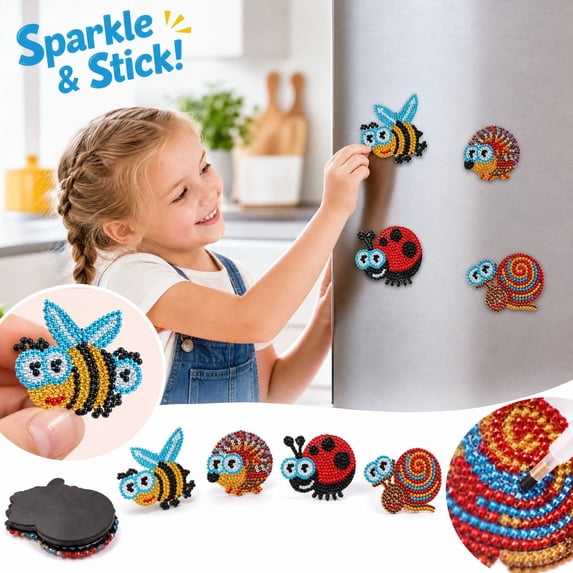 Kids Diamond Painting Fridge Magnets, Children DIY Diamond Art Kits with Soft Magnetic Backing, Assorted Themes, for Kids Crafts, 4 Pack (2.36 Inch)