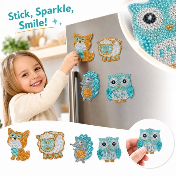 Kids Diamond Painting Fridge Magnets, Children DIY Diamond Art Kits with Soft Magnetic Backing, Assorted Themes, for Kids Crafts, 4 Pack (2.36 Inch)