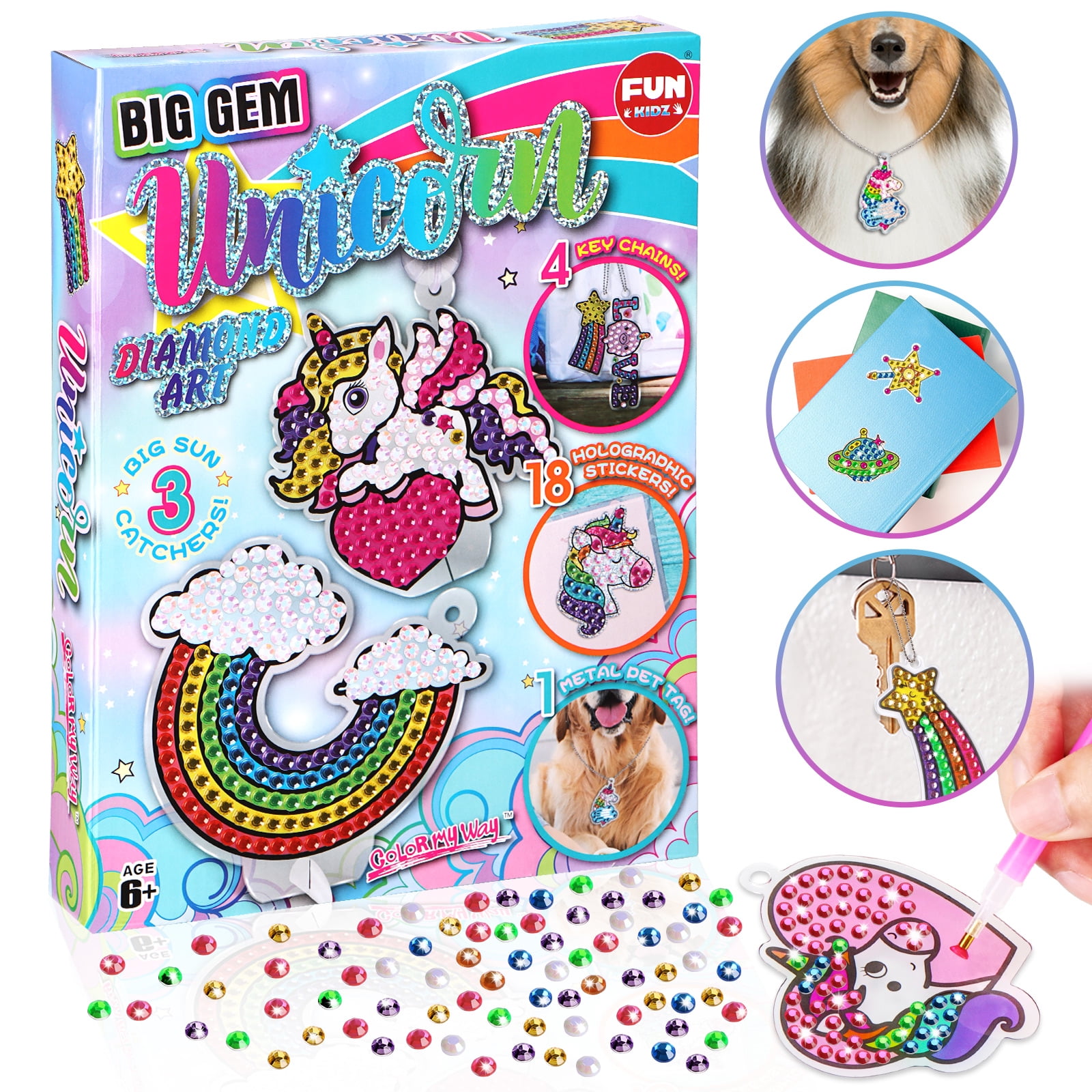 Outee 15Pcs Diamond Painting Art Kits for Kids 5D Diamond Arts and Crafts  for Girls Ages 6-12 Diamond Painting Keychains Ring for Unicorn Gift Box  Gem Art Supplies Gem Star Cake Rainbow