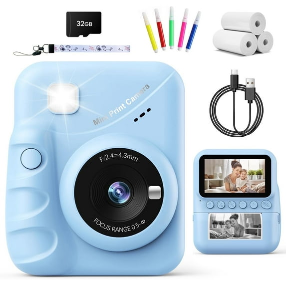Instant Print Camera Digital HD 1080P Camera Digital Camera with Print Paper & 32G Card More Accessory Kit(Blue)