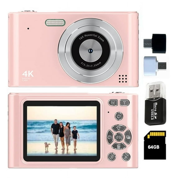 Kids Digital Camera, Full HD 4K Camera for Kids, Auto Focus 16x Digital Zoom with 64GB SD Card Portable Digital Cameras for Teens Boys Girls Beginner Gifts