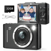 Kids Digital Camera, UHD 4K 64MP Point and Shoot Digital Cameras with 32GB SD Card and 18X Digital Zoom Anti Shake, Portable Mini Gift for Boys Girls Students, Blcak