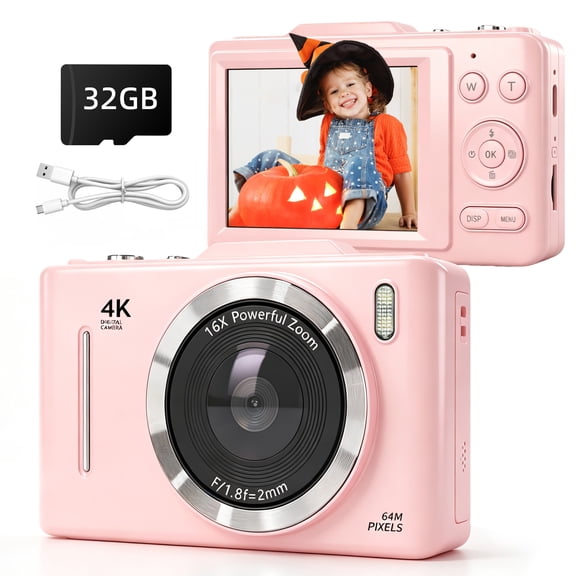 Kids Digital Camera, UHD 4K 64MP Point and Shoot Digital Cameras with 32GB SD Card and 18X Digital Zoom Anti Shake, Portable Mini Gift for Boys Girls Students, Pink