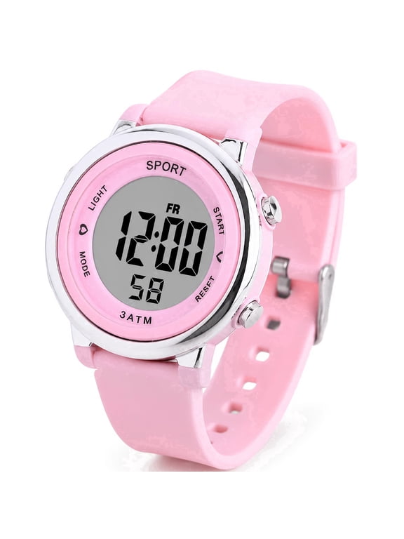 Kids Digital Watch for Girls - 30M Waterproof Sport Watch with 7-Color Night Light, Stopwatch & Alarm, Pink Wristwatch for Kids Ages 3-16