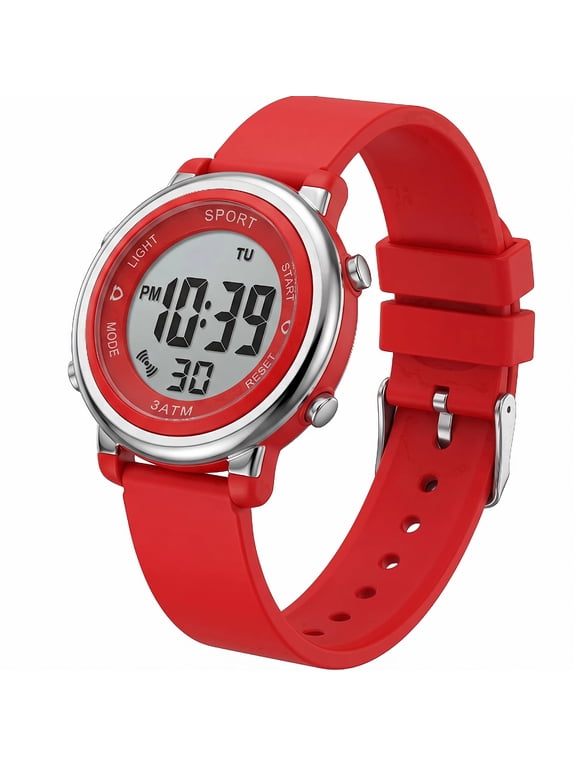 Kids Digital Watch for Girls - 30M Waterproof Sport Watch with 7-Color Night Light, Stopwatch & Alarm, Red Wristwatch for Kids Ages 3-16