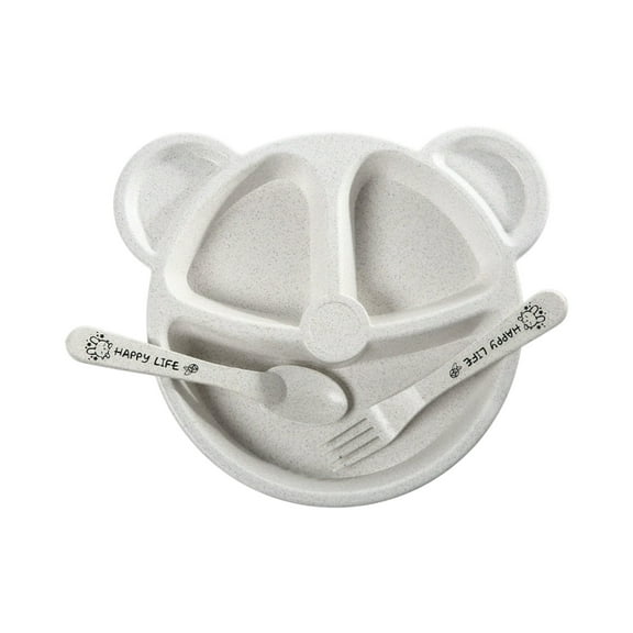 Kids Dinnerware Set-Bear Shape Straw Plate with Spoon fork Easy to Clean，Food-grade materials，Kids Tableware White