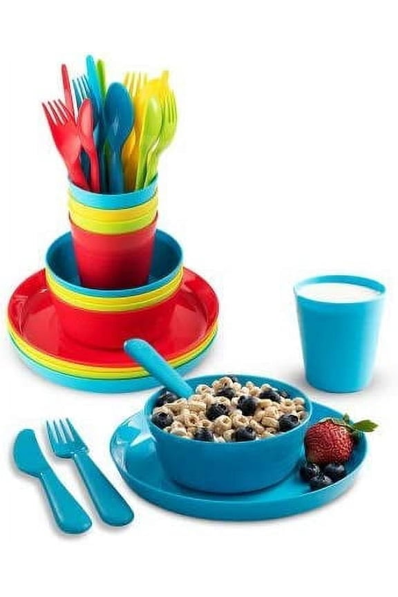 Kids Dinnerware Set PLASKIDY for 4 - 24 Piece Plastic Childrens Dishes Dinnerware Sets Microwave / Dishwasher Safe BPA Free - Toddler Dinner Set Includes Kids Plates and Bowls Kids Cups Flatware Set