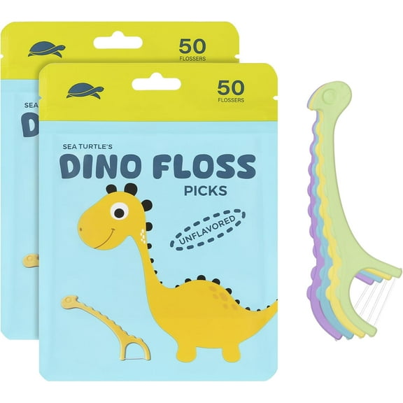 Kids Dino Floss Picks - Corn Starch Handle - Thin Thread Tooth Dental Flossers - Unflavored (100)