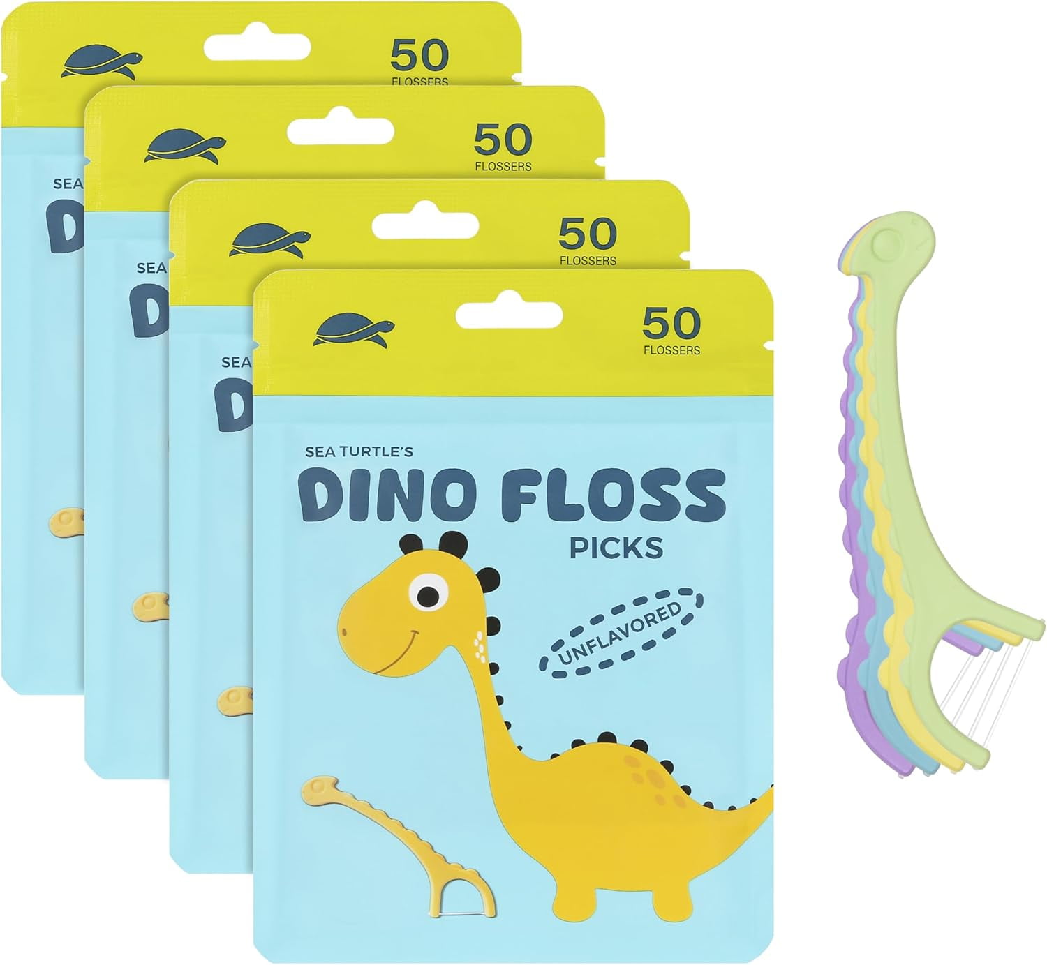 Kids Dino Floss Picks - Corn Starch Handle - Thin Thread Tooth Dental Flossers - Unflavored (200)
